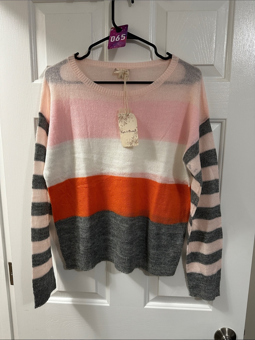 Hem & Thread Striped Scoopneck Sweater in Pink, Orange & Gray